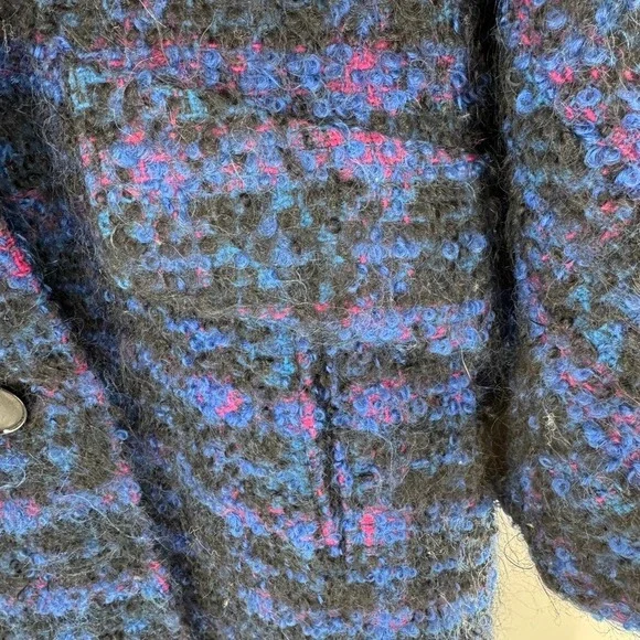Vintage‎ Womens Blue Purple Plaid Boucle Knit Double Breasted Coat Size Small